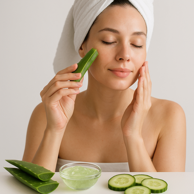 Woman using natural ingredients that transform your skin health with aloe vera and turmeric