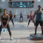 Functional fitness 2026 workout with people training using kettlebells, resistance bands, and smart devices in a futuristic gym.