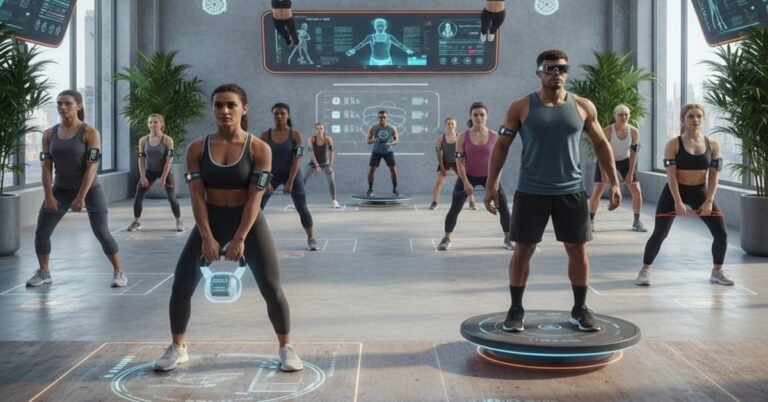 Functional fitness 2026 workout with people training using kettlebells, resistance bands, and smart devices in a futuristic gym.