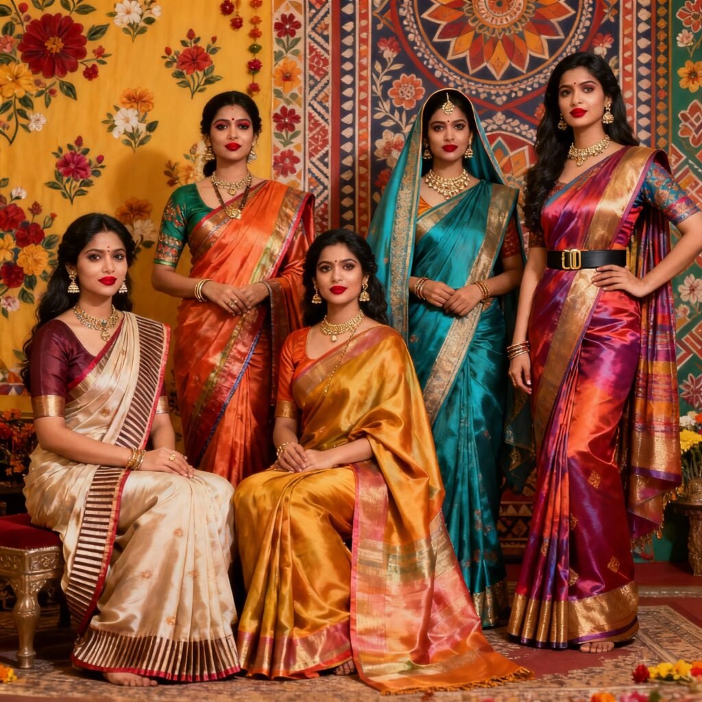 How to drape a silk saree in 5 different styles — Nivi, Bengali, Gujarati, Maharashtrian, and modern belted drape shown on elegant women.