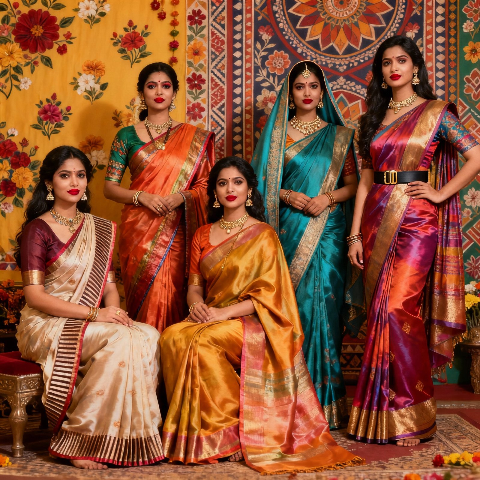 How to drape a silk saree in 5 different styles — Nivi, Bengali, Gujarati, Maharashtrian, and modern belted drape shown on elegant women.