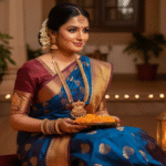 Woman styling her silk saree for a royal Diwali look with festive lights and jewellery.