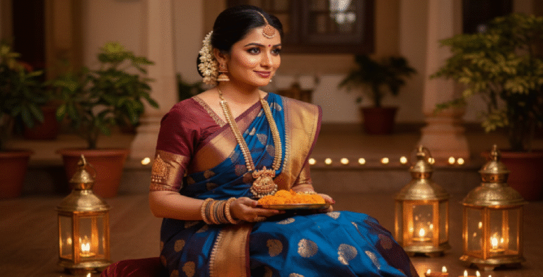 Woman styling her silk saree for a royal Diwali look with festive lights and jewellery.