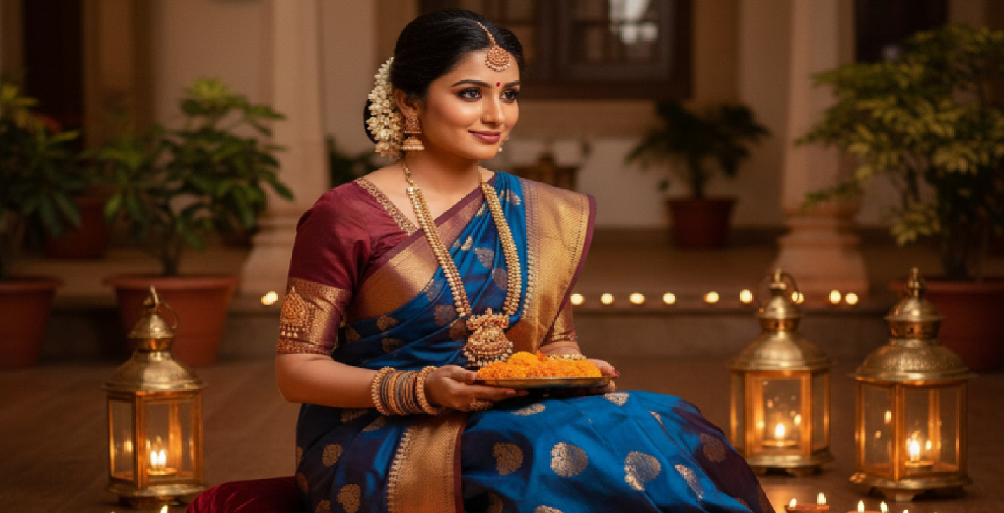 Woman styling her silk saree for a royal Diwali look with festive lights and jewellery.