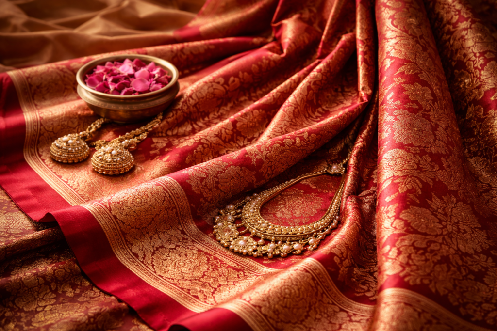 view of luxurious Banarasi silk sarees with intricate gold zari weaving