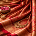 view of luxurious Banarasi silk sarees with intricate gold zari weaving