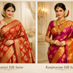 Side-by-side comparison of Banarasi silk saree and Kanjivaram silk saree worn by Indian brides on a luxury neutral background