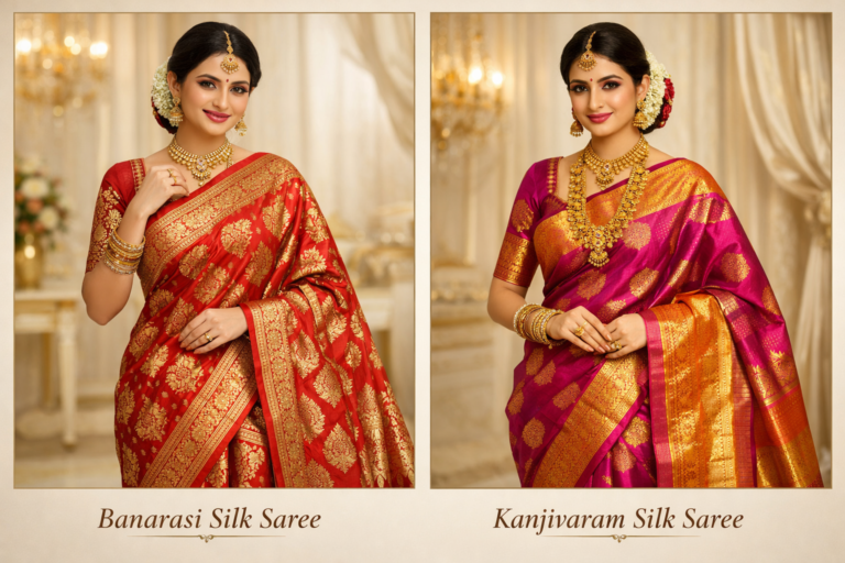 Side-by-side comparison of Banarasi silk saree and Kanjivaram silk saree worn by Indian brides on a luxury neutral background