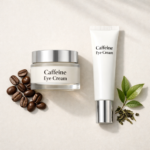 Luxury caffeine eye cream in glass jar with coffee beans on a neutral background, minimalist skincare flat lay