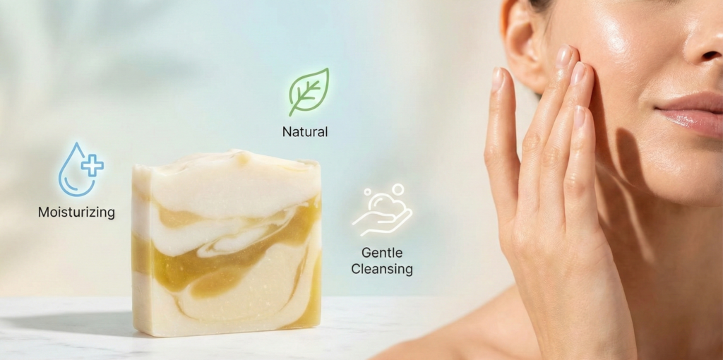 High TFM soap with natural oils like coconut, olive, and shea butter, showing moisturization and gentle cleansing for healthy skin