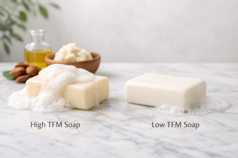 High TFM vs Low TFM soaps comparison showing rich lather, ingredient quality, and skin-friendly differences