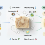 Infographic explaining TFM in soap with high fatty matter, showing moisturizing effect and natural oils like coconut, olive, and shea butter for healthy skin.