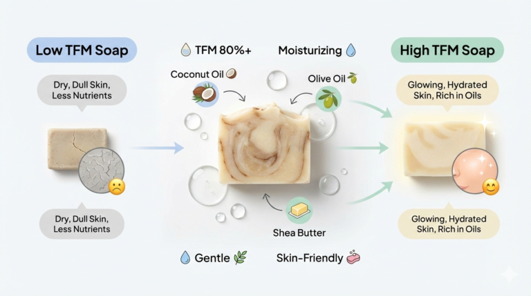 Infographic explaining TFM in soap with high fatty matter, showing moisturizing effect and natural oils like coconut, olive, and shea butter for healthy skin.