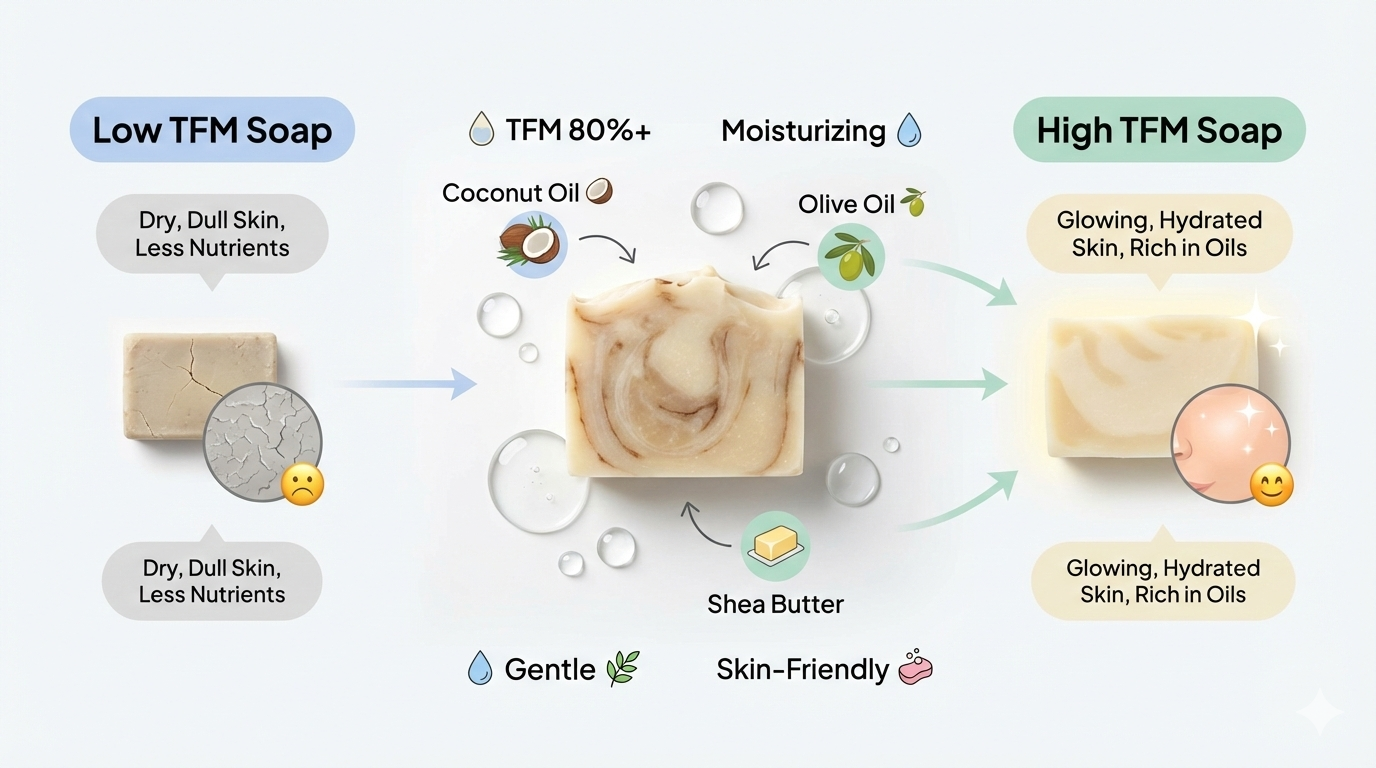 Infographic explaining TFM in soap with high fatty matter, showing moisturizing effect and natural oils like coconut, olive, and shea butter for healthy skin.