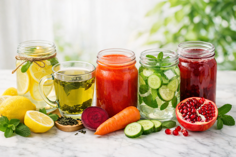 A selection of natural, nutrient-rich drinks that help detox the body and promote clear, glowing skin.