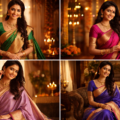Women wearing luxurious Mysore Silk Sarees in vibrant colors with gold zari borders, traditional South Indian jewelry, elegantly draped in festive and royal settings