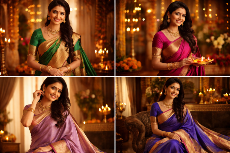 Women wearing luxurious Mysore Silk Sarees in vibrant colors with gold zari borders, traditional South Indian jewelry, elegantly draped in festive and royal settings