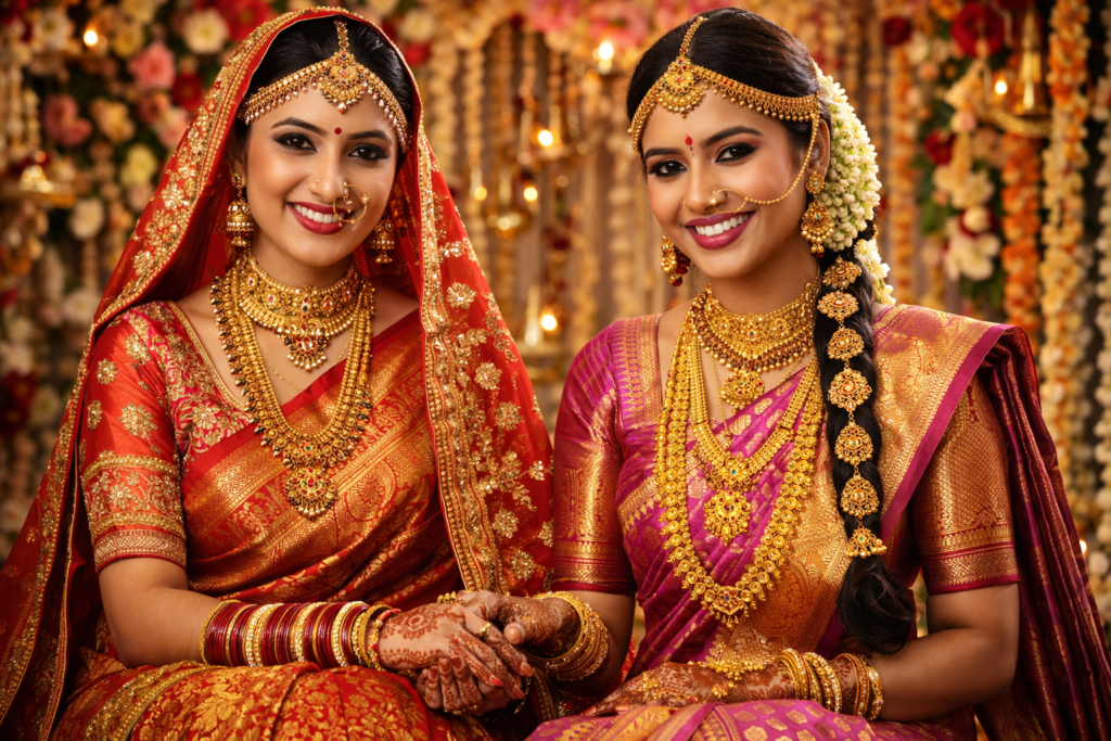 Two Indian brides in traditional wedding attire: Banarasi silk bride (North Indian style) and Kanjivaram silk bride (South Indian style)