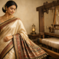Elegant Bengal silk saree worn by a woman standing near a traditional handloom, showcasing authentic handloom heritage and rich woven pallu.