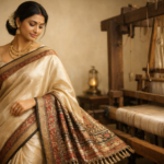 Elegant Bengal silk saree worn by a woman standing near a traditional handloom, showcasing authentic handloom heritage and rich woven pallu.