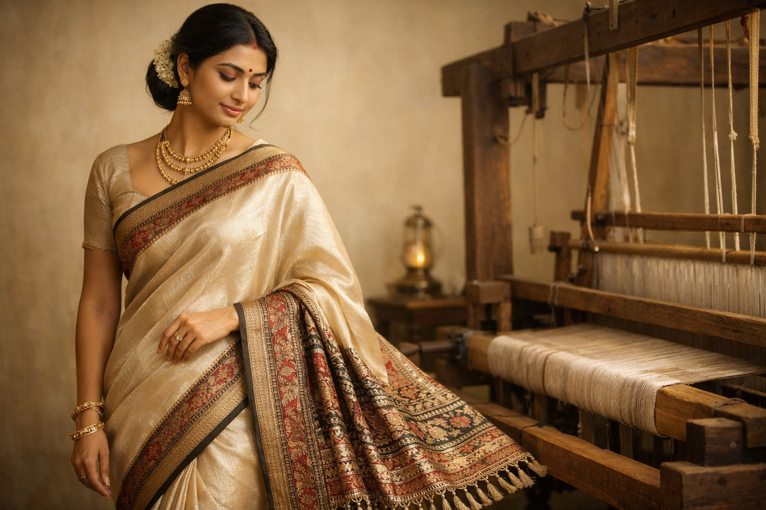 Elegant Bengal silk saree worn by a woman standing near a traditional handloom, showcasing authentic handloom heritage and rich woven pallu.