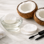 Coconut oil used as a natural makeup remover with cotton pads and fresh coconuts on a clean skincare surface