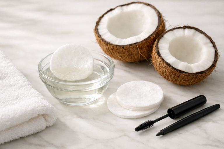 Coconut oil used as a natural makeup remover with cotton pads and fresh coconuts on a clean skincare surface