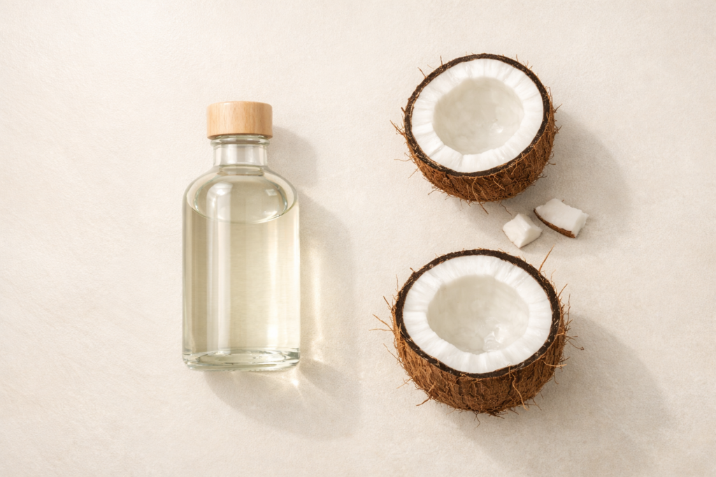 Clear glass bottle of coconut oil with fresh coconut halves in a minimal natural skincare flat-lay under soft daylight