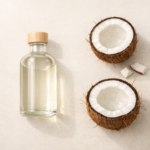Clear glass bottle of coconut oil with fresh coconut halves in a minimal natural skincare flat-lay under soft daylight