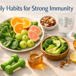 “Top-down view of a healthy breakfast with fresh fruits like orange, amla, guava, green vegetables, nuts, and a glass of water, accompanied by a yoga mat and dumbbells, promoting strong immunity and a healthy lifestyle.”