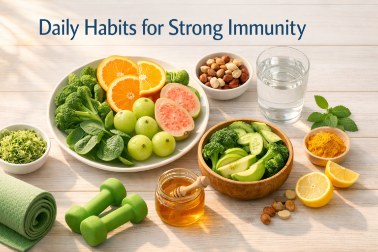 “Top-down view of a healthy breakfast with fresh fruits like orange, amla, guava, green vegetables, nuts, and a glass of water, accompanied by a yoga mat and dumbbells, promoting strong immunity and a healthy lifestyle.”