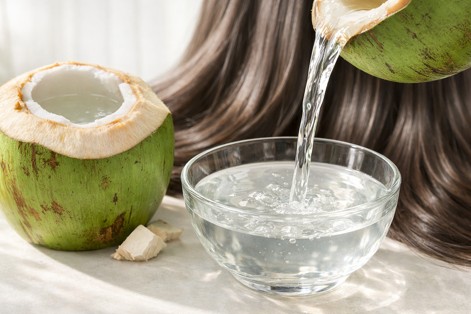 Fresh green coconut cut open with clear coconut water being poured into a glass bowl, natural shiny hair texture in the background under soft daylight.