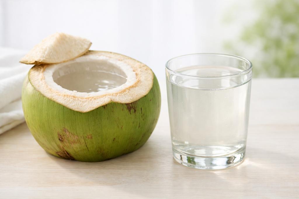 Fresh green coconut cut open with clear coconut water poured into a transparent glass, placed on a clean white surface in soft natural light