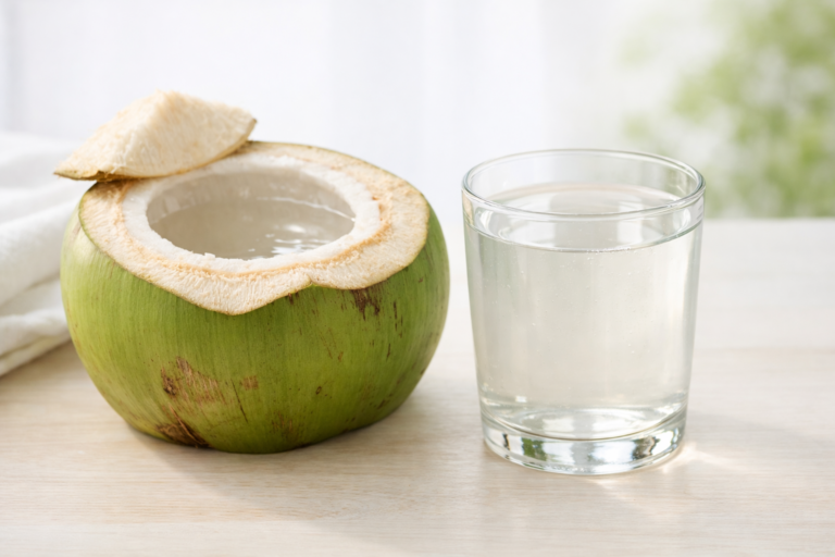 Fresh green coconut cut open with clear coconut water poured into a transparent glass, placed on a clean white surface in soft natural light