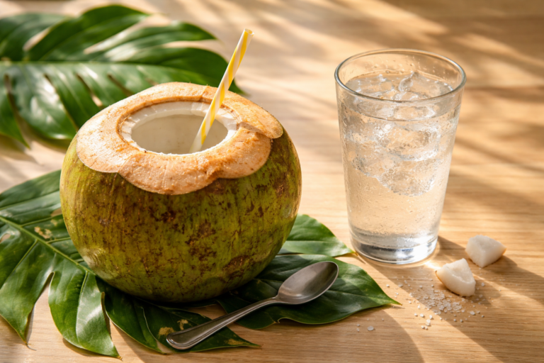 Fresh coconut with straw and glass of cold water, tropical leaves, small spoon on light wooden table, warm morning sunlight