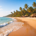 Panoramic coastal view of a serene Goa beach with golden sand, calm Arabian Sea, coconut palm trees, clear blue sky, and traditional beach shacks in warm sunlight.