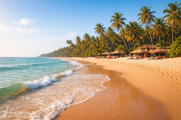 Panoramic coastal view of a serene Goa beach with golden sand, calm Arabian Sea, coconut palm trees, clear blue sky, and traditional beach shacks in warm sunlight.