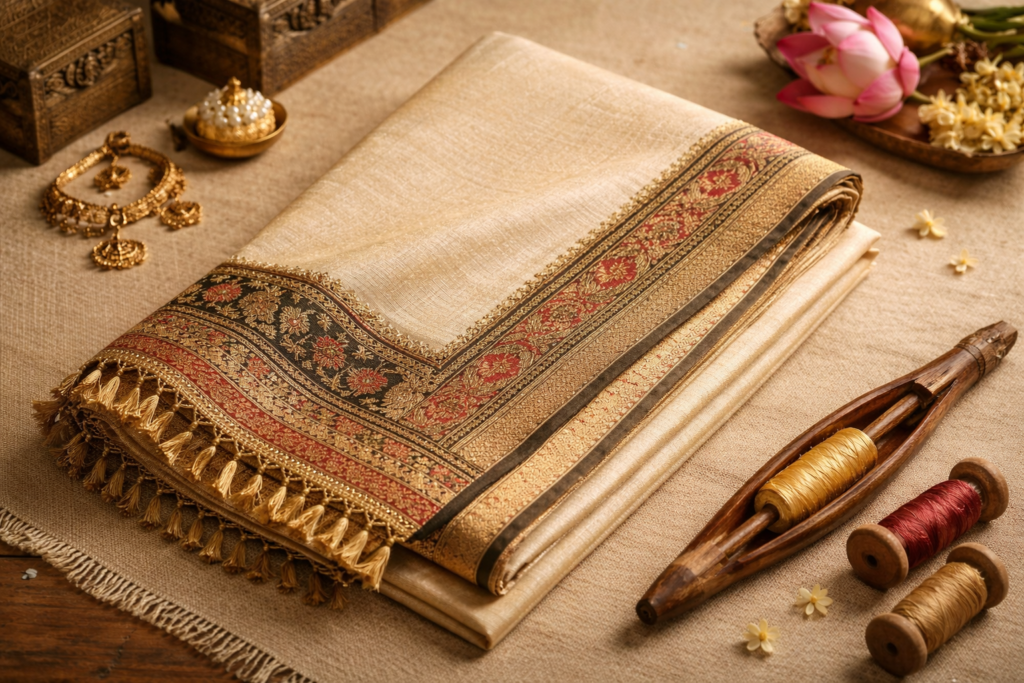 Folded authentic Bengal silk saree showcasing detailed handloom pallu and border on a wooden surface with traditional accessories
