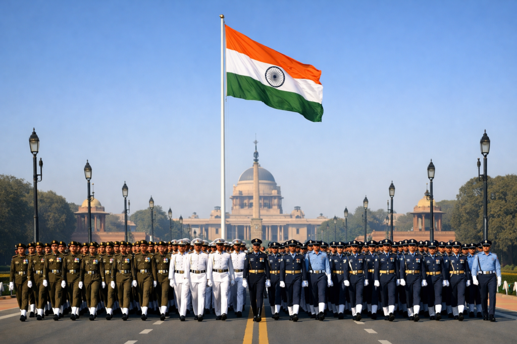 Indian Armed Forces marching at Kartavya Path during Republic Day with the Indian Tricolour and Rashtrapati Bhavan in the background