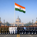 Indian Armed Forces marching at Kartavya Path during Republic Day with the Indian Tricolour and Rashtrapati Bhavan in the background