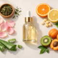 “Natural anti-aging skincare flat lay with a glass serum dropper surrounded by rose petals, green tea leaves, aloe vera, and vitamin C fruits on a neutral background.”