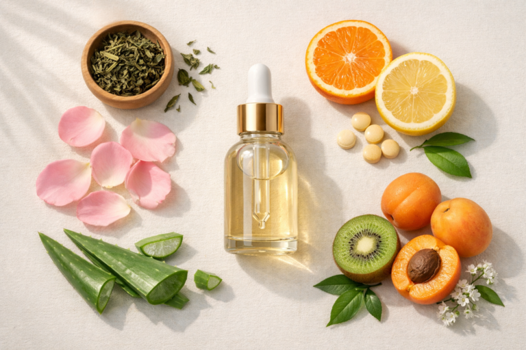 “Natural anti-aging skincare flat lay with a glass serum dropper surrounded by rose petals, green tea leaves, aloe vera, and vitamin C fruits on a neutral background.”