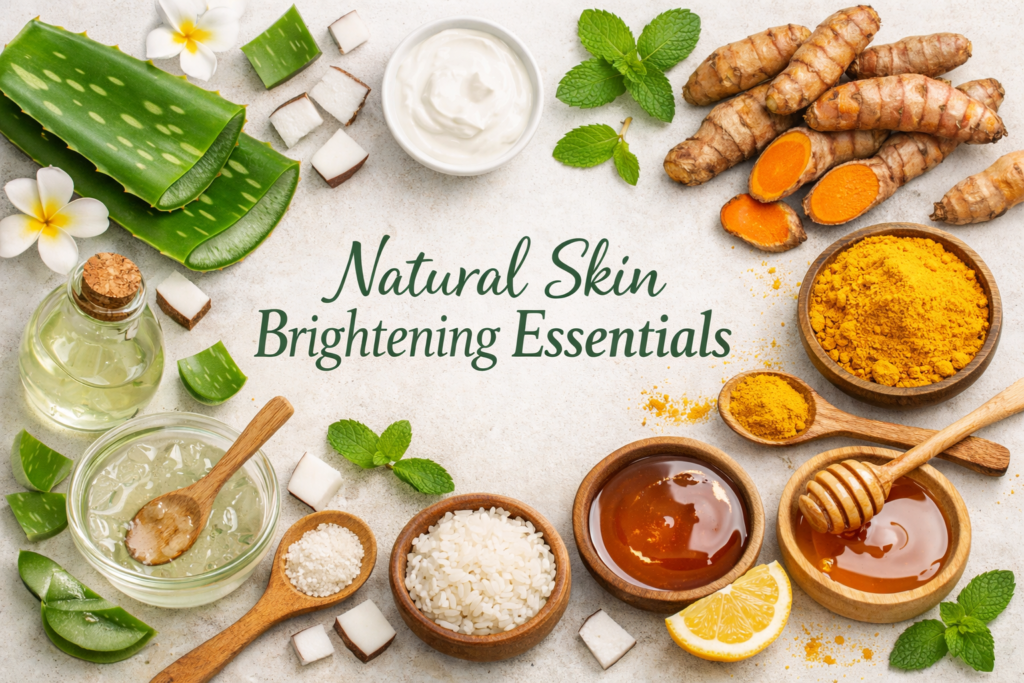 Clean clinical skincare flat lay with organic beauty ingredients in natural daylight