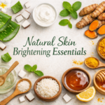 Clean clinical skincare flat lay with organic beauty ingredients in natural daylight