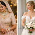 Bride comparing wedding day lehenga and modern bridal gown styles for 2026