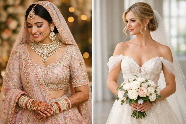 Bride comparing wedding day lehenga and modern bridal gown styles for 2026