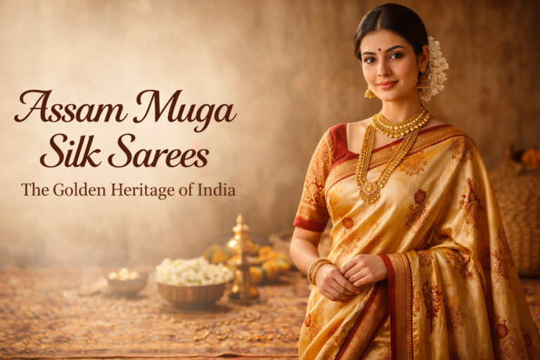 Assamese woman wearing traditional Assam Muga silk saree with natural golden sheen