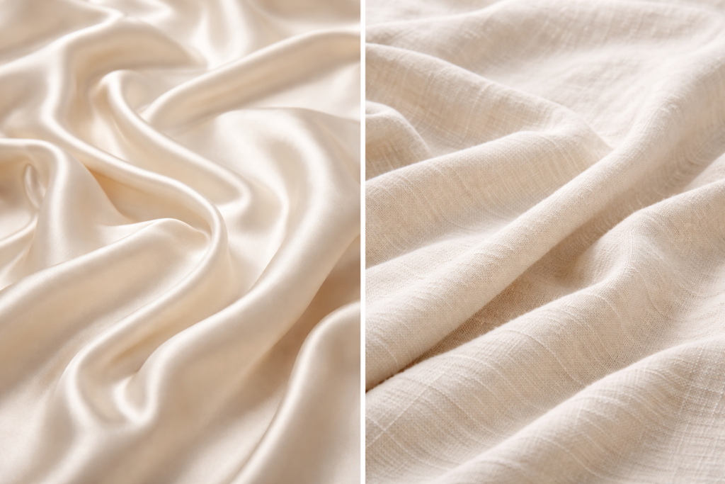 Close-up comparison of silk and cotton fabrics showing texture, weave, and comfort differences
