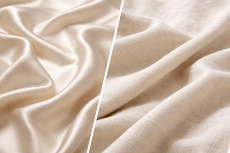 Close-up comparison of silk and cotton fabrics showing texture, weave, and comfort differences