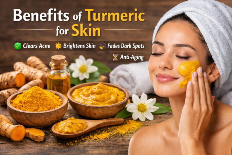 Benefits of turmeric for skin including acne reduction, glowing skin, and dark spot removal